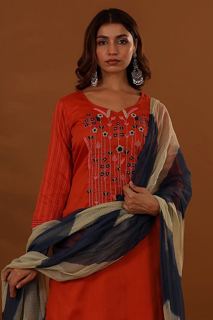 Rust Handloom Jam Cotton Silk Hand Embroidered A-Line Kurta Set by The Home Affair at Pernia's Pop Up Shop