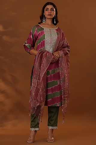 Pink & Green Handloom Jam Cotton Silk Hand Embroidered Kurta Set by The Home Affair