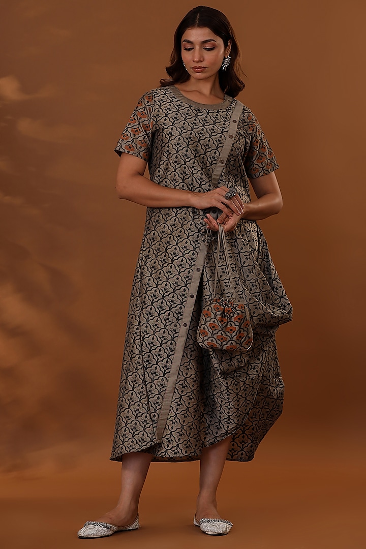 Brown & Black Handloom Jam Cotton Silk Hand Block Printed Draped Choga Dress With Potli by The Home Affair