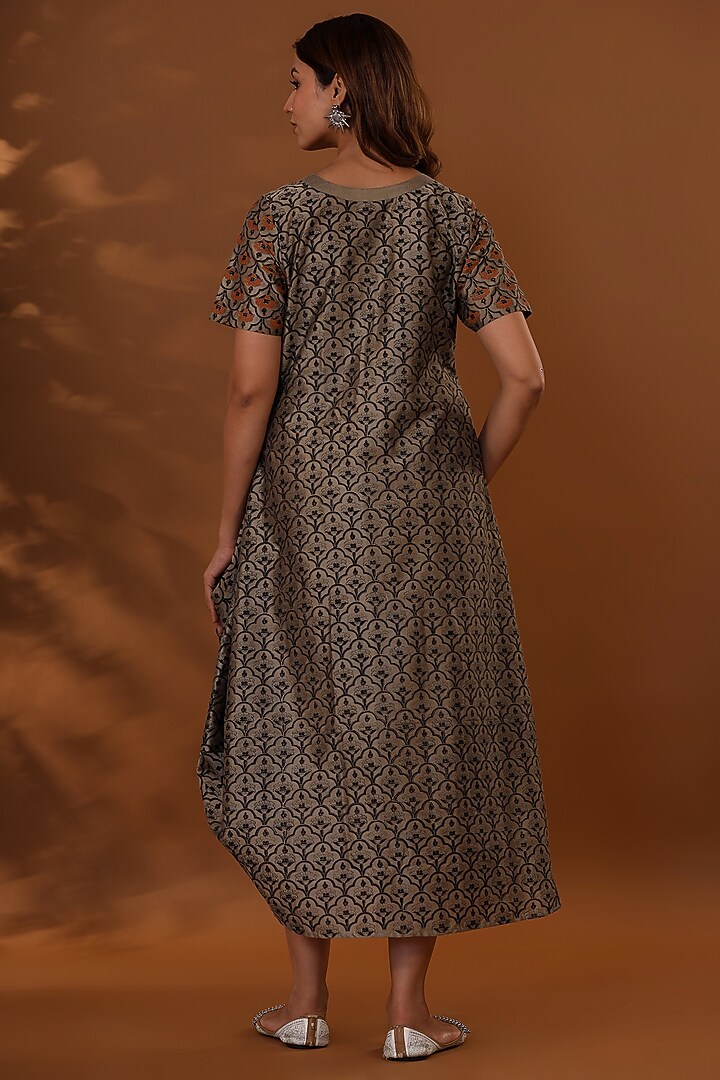 Brown & Black Handloom Jam Cotton Silk Hand Block Printed Draped Choga Vacation Dress With Potli by The Home Affair at Pernia's Pop Up Shop
