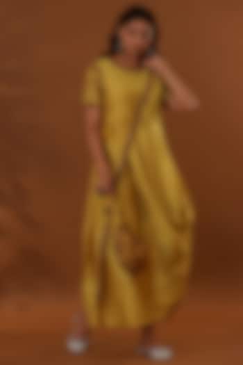 Yellow Handloom Jam Cotton Silk Hand Block Printed Draped Choga Dress With Potli by The Home Affair