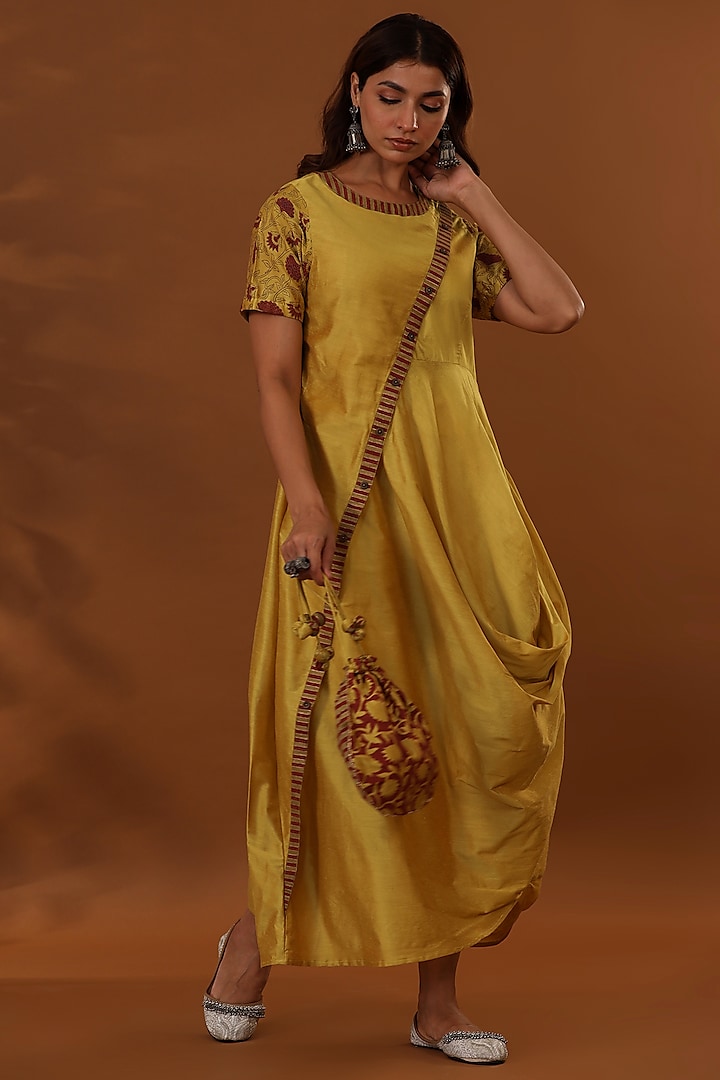 Yellow Handloom Jam Cotton Silk Hand Block Printed Draped Choga Dress With Potli by The Home Affair
