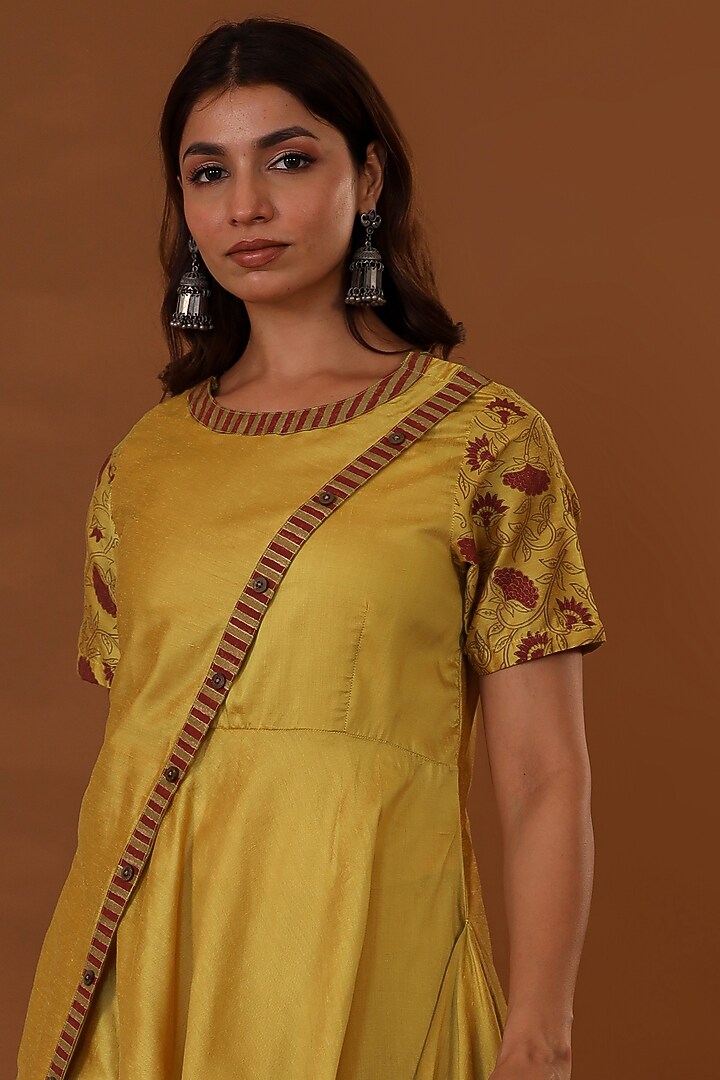 Yellow Handloom Jam Cotton Silk Hand Block Printed Draped Choga Vacation Dress With Potli by The Home Affair at Pernia's Pop Up Shop