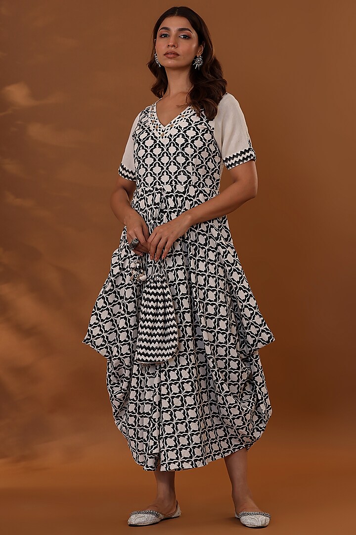 White & Black Handloom Cotton Hand Block Printed Draped Choga Dress With Potli by The Home Affair