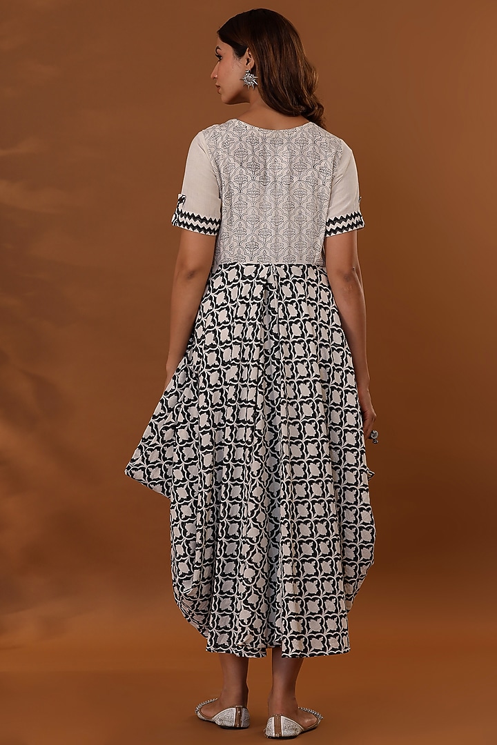 White & Black Handloom Cotton Hand Block Printed Draped Choga Vacation Dress With Potli by The Home Affair at Pernia's Pop Up Shop