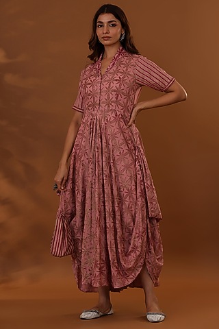 Pink Handloom Cotton Hand Block Printed Draped Choga Dress With Potli by The Home Affair