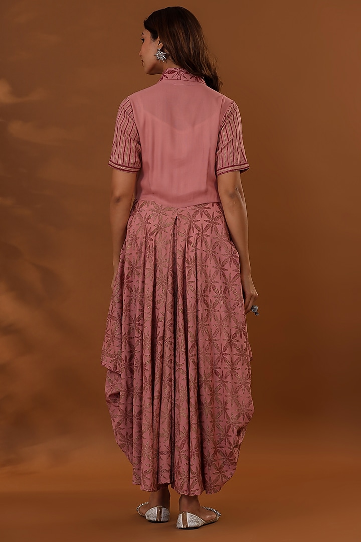 Pink Handloom Cotton Hand Block Printed Draped Choga Vacation Dress With Potli by The Home Affair at Pernia's Pop Up Shop