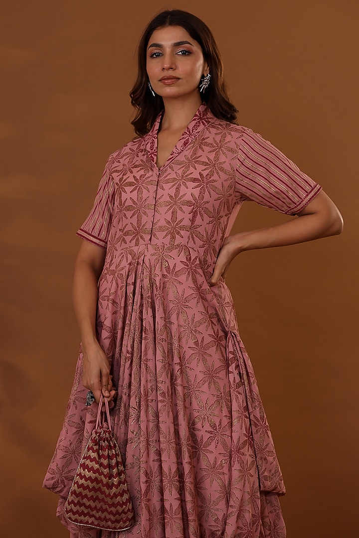 Pink Handloom Cotton Hand Block Printed Draped Choga Vacation Dress With Potli by The Home Affair at Pernia's Pop Up Shop