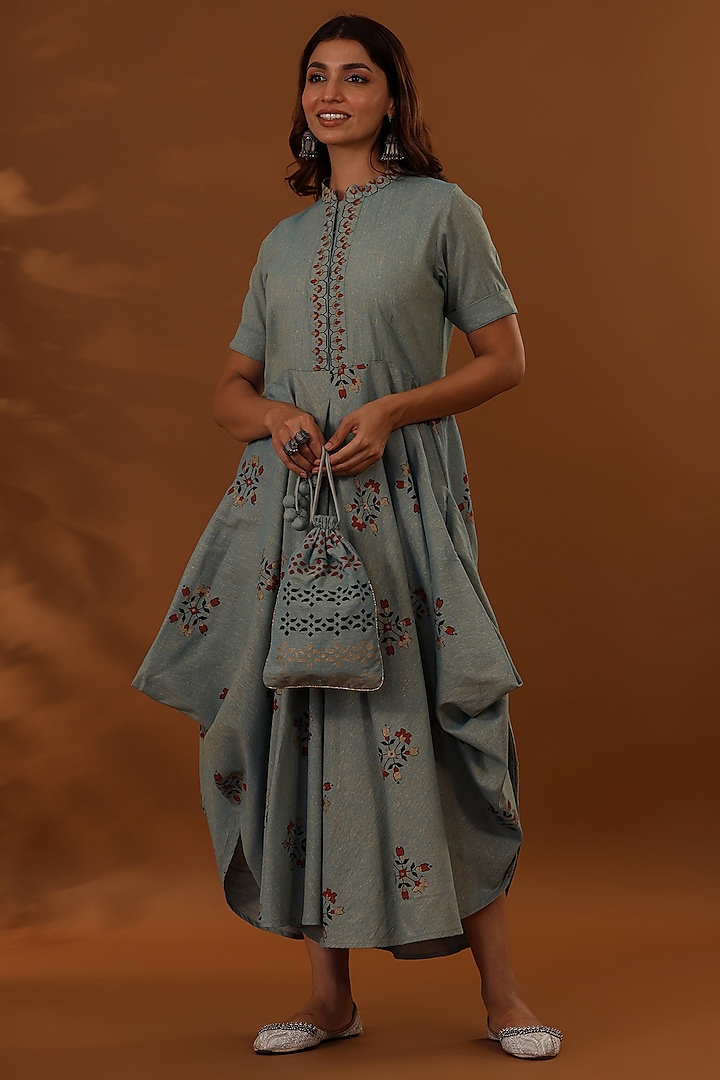 Blue Handloom Cotton Hand Block Printed Draped Choga Dress With Potli by The Home Affair