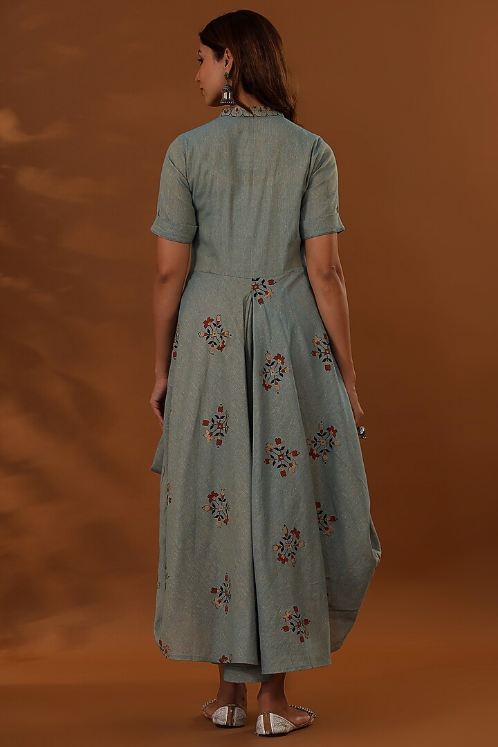 Blue Handloom Cotton Hand Block Printed Draped Choga Vacation Dress With Potli by The Home Affair at Pernia's Pop Up Shop