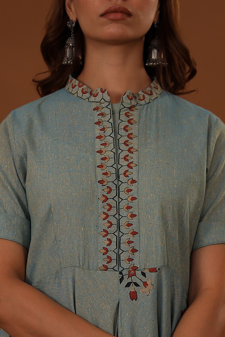 Blue Handloom Cotton Hand Block Printed Draped Choga Vacation Dress With Potli by The Home Affair at Pernia's Pop Up Shop