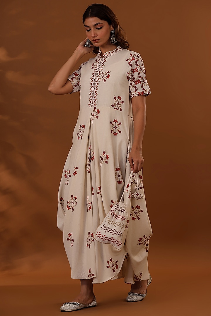 White Handloom Cotton Hand Block Printed Draped Choga Dress With Potli by The Home Affair