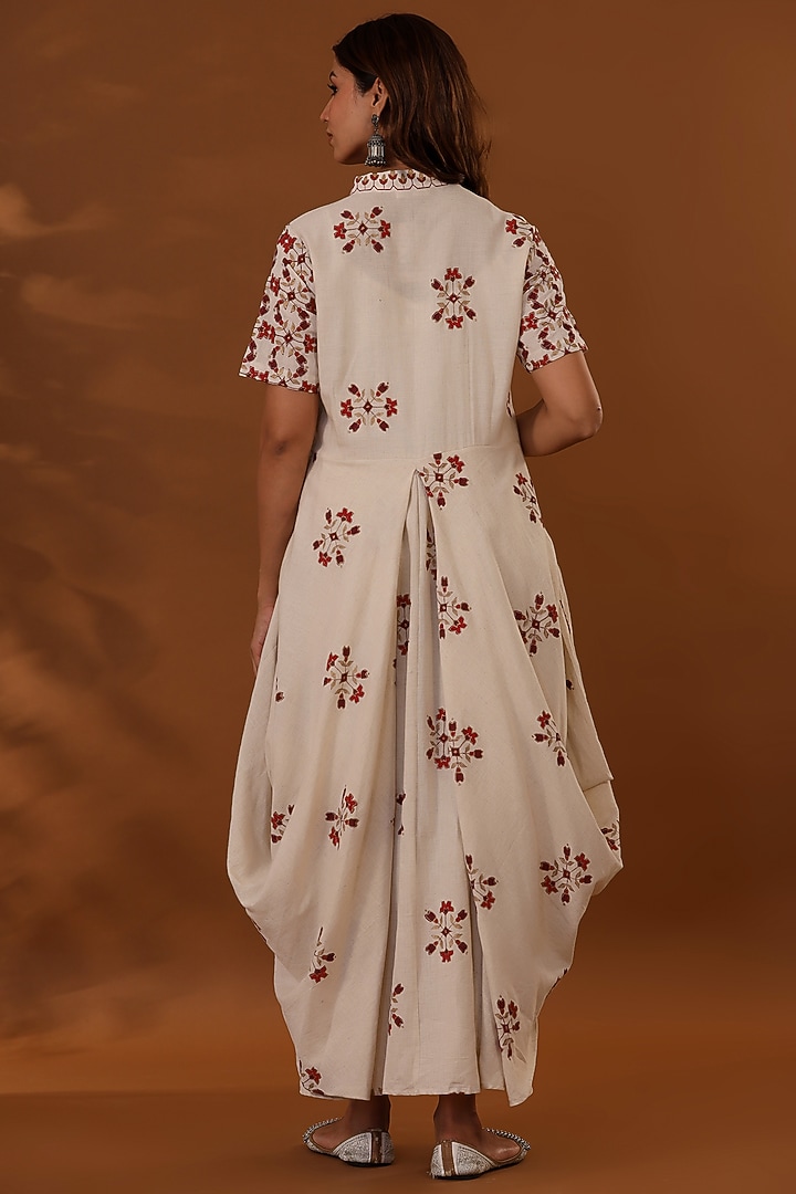 White Handloom Cotton Hand Block Printed Draped Choga Vacation Dress With Potli by The Home Affair at Pernia's Pop Up Shop