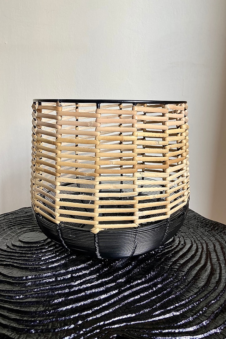 Black Metal & Cane Handwoven Planter by The house of trendz at Pernia's Pop Up Shop