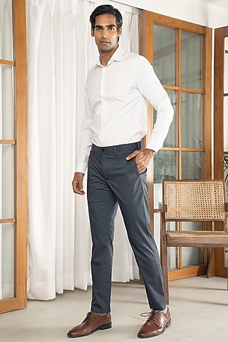 Navy Micro Check Ultralight 160 Pants (Slim Fit) by THE PANT PROJECT