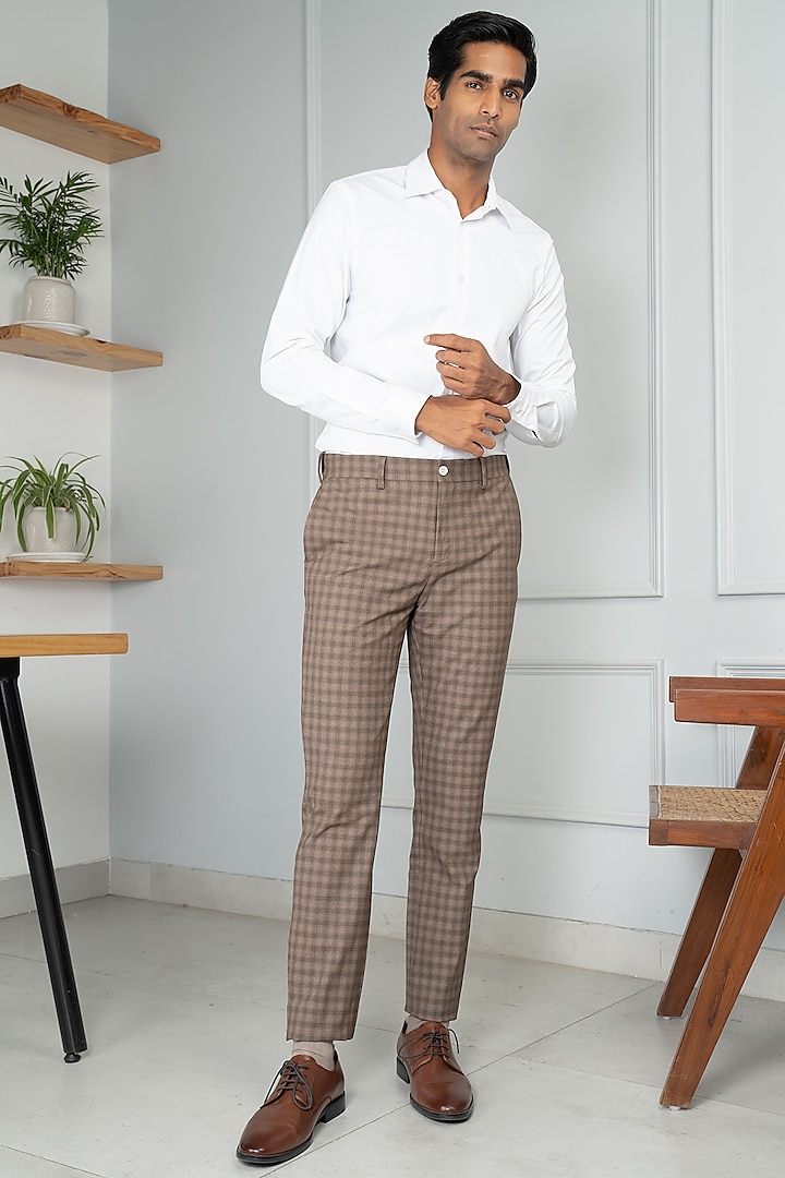 Brown Oak Check Premium Merino Wool Pants (Slim Fit) by THE PANT PROJECT