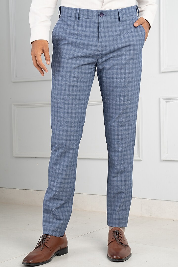 Pro Blue Check Premium Merino Wool Pants (Slim Fit) by THE PANT PROJECT at Pernia's Pop Up Shop