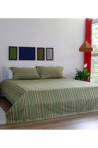Sage Green Yarn-Dyed & Woven Bedsheet Set by Thoppia