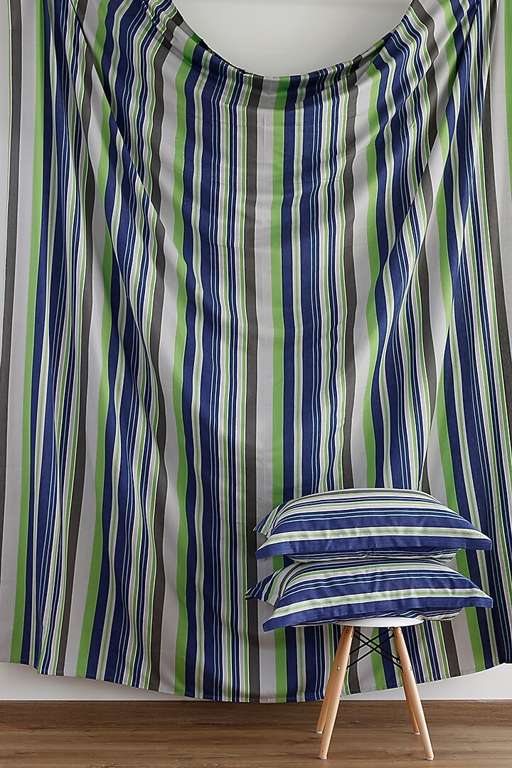Cobalt Blue & Mint Yarn-Dyed & Woven Bedsheet Set by Thoppia at Pernia's Pop Up Shop