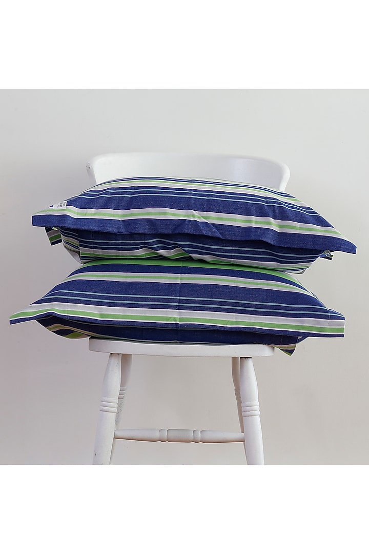 Cobalt Blue & Mint Yarn-Dyed & Woven Bedsheet Set by Thoppia at Pernia's Pop Up Shop