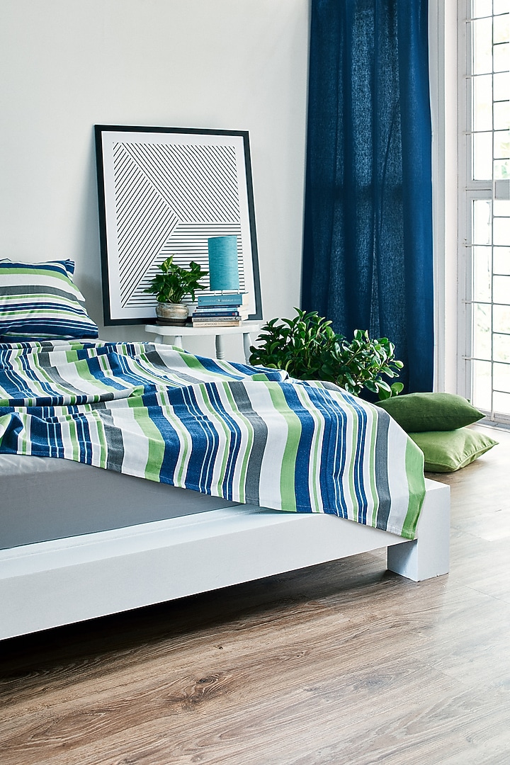 Cobalt Blue & Mint Yarn-Dyed & Woven Bedsheet Set by Thoppia at Pernia's Pop Up Shop