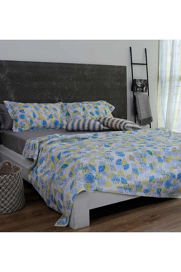 Yellow & Sky Blue Printed Bedsheet Set by Thoppia