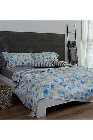 Yellow & Sky Blue Printed Bedsheet Set by Thoppia