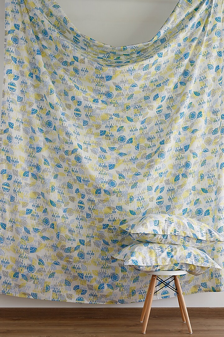 Yellow & Sky Blue Printed Bedsheet Set by Thoppia at Pernia's Pop Up Shop