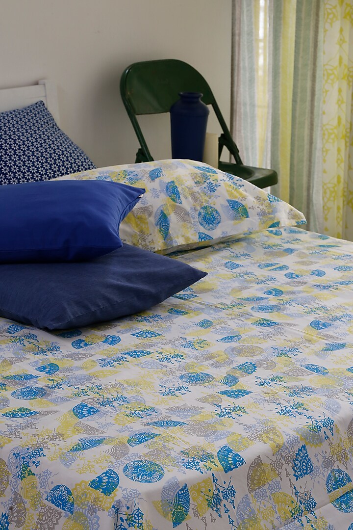Yellow & Sky Blue Printed Bedsheet Set by Thoppia at Pernia's Pop Up Shop
