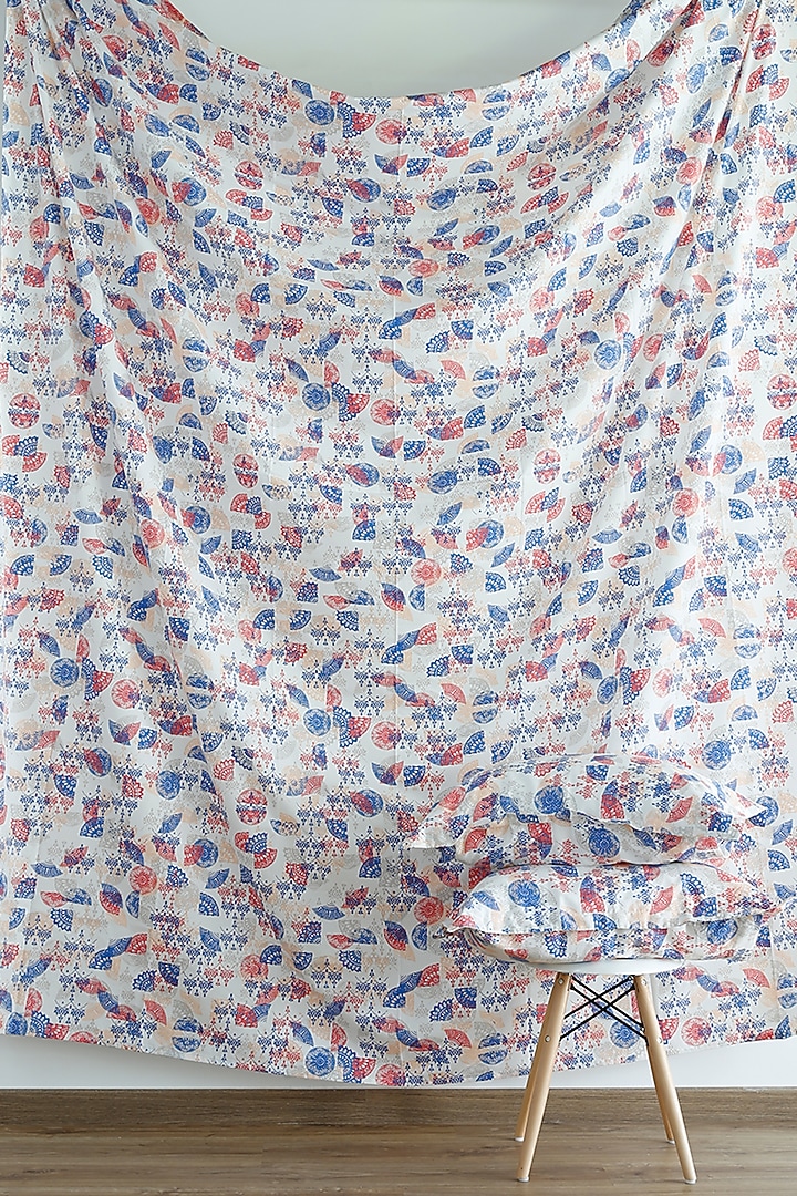 Red & Sky Blue Printed Bedsheet Set by Thoppia at Pernia's Pop Up Shop