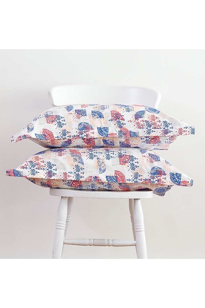 Red & Sky Blue Printed Bedsheet Set by Thoppia at Pernia's Pop Up Shop