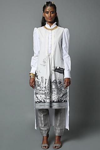 White Dravidian-Print Ruffled Tunic by House of Three