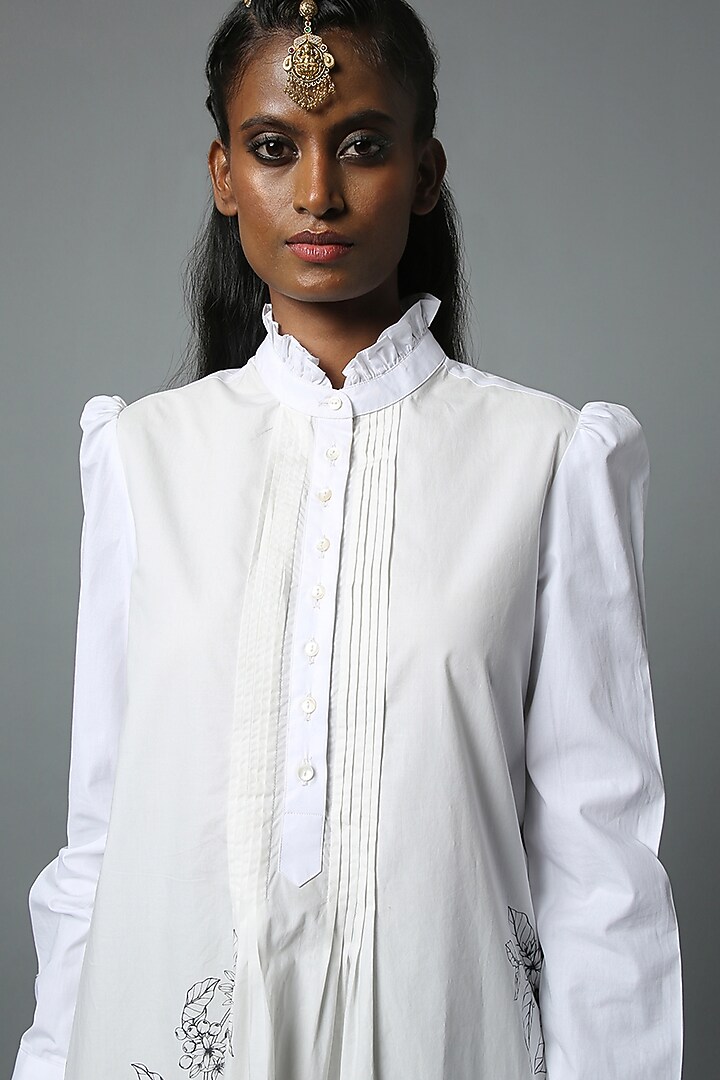 White Dravidian-Print Ruffled Tunic by House of Three at Pernia's Pop Up Shop