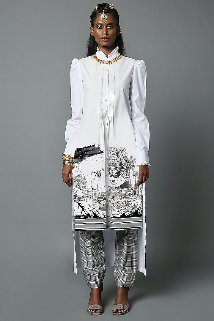 White Cotton Poplin Dravidian-Print Tunic by House of Three at Pernia's Pop Up Shop