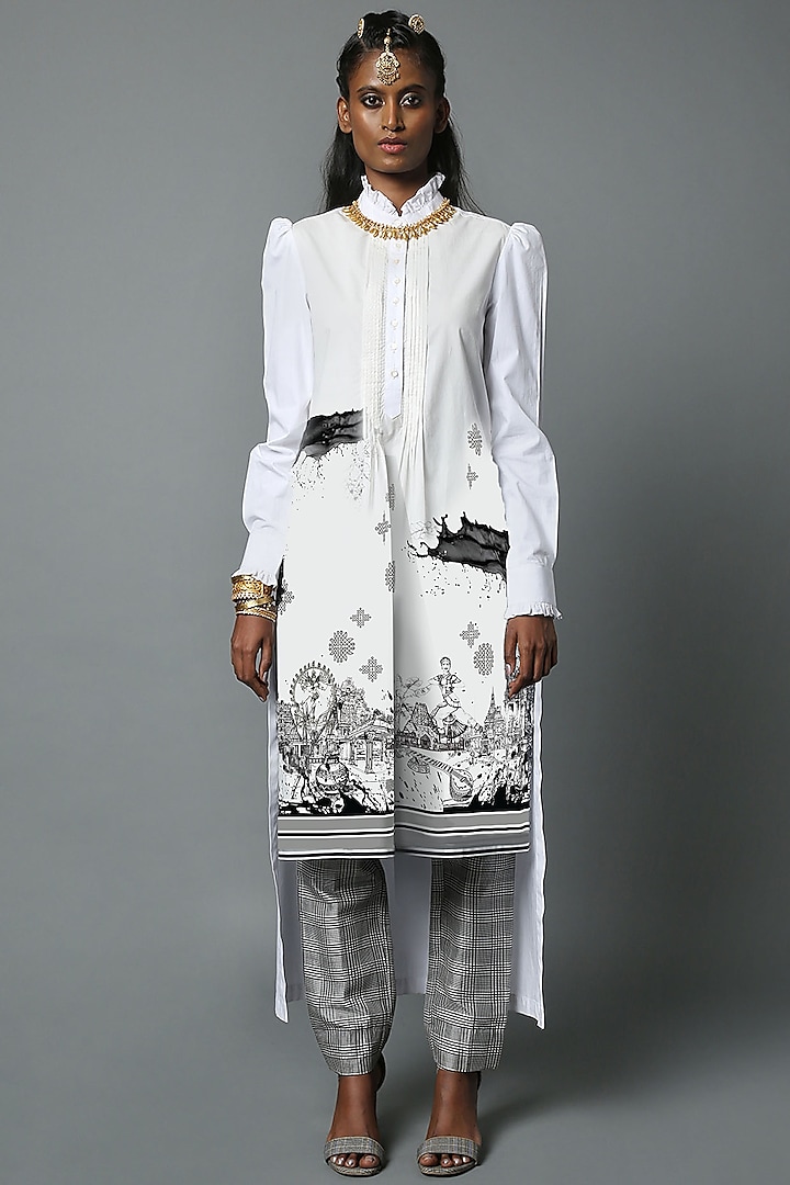 White Cotton Poplin Printed Ruffled Tunic by House of Three