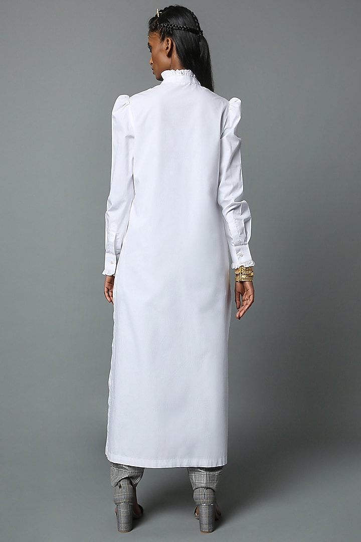 White Cotton Poplin Printed Ruffled Tunic by House of Three at Pernia's Pop Up Shop