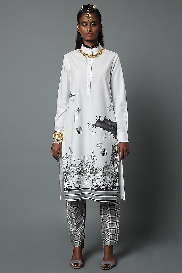White Dravidian-Print Pleated Tunic by House of Three