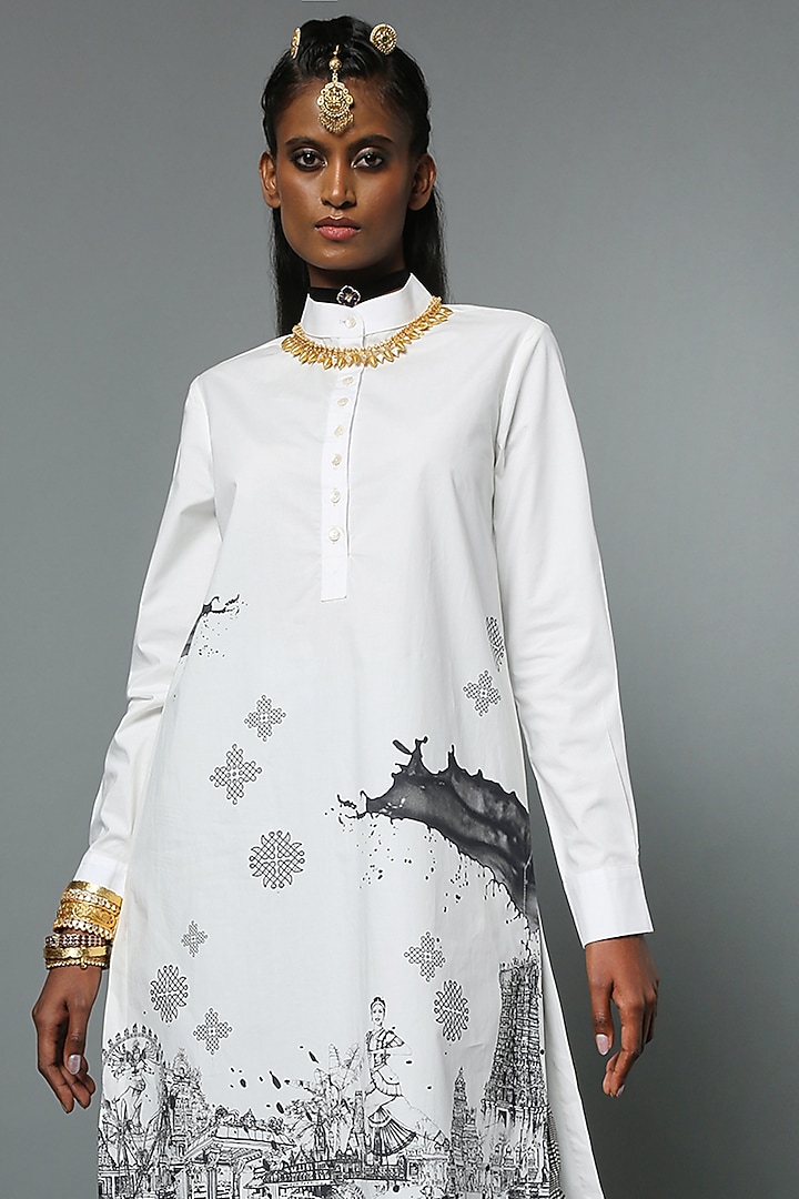 White Dravidian-Print Pleated Tunic by House of Three at Pernia's Pop Up Shop