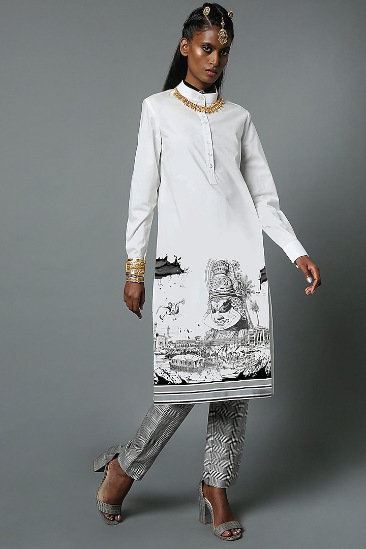 White Cotton Poplin Printed Tunic by House of Three