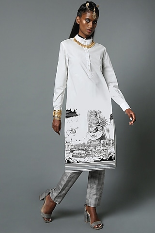 White Cotton Poplin Printed Tunic by House of Three