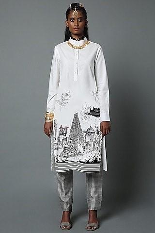 White Cotton Poplin Printed Tunic by House of Three