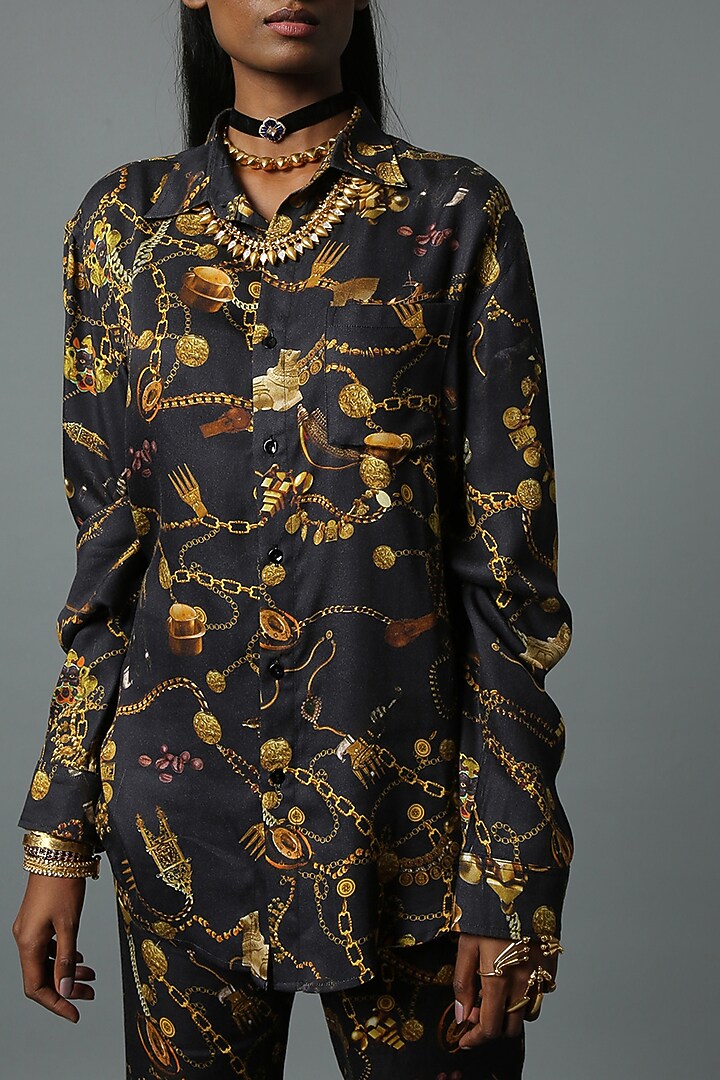 Black Viscose Satin Shirt by House of Three at Pernia's Pop Up Shop