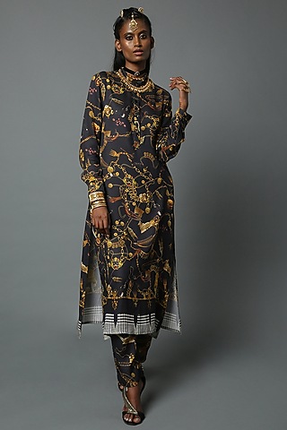Black Viscose Printed Kurta Set by House of Three