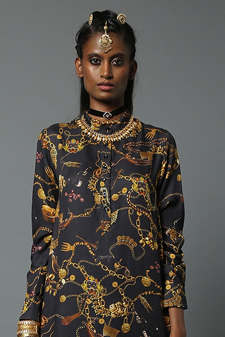 Black Viscose Printed Kurta Set by House of Three at Pernia's Pop Up Shop