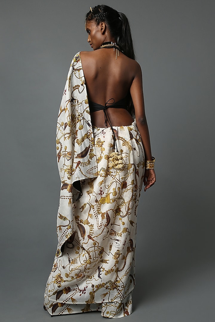 White Cotton Silk Printed Party Wear Saree by House of Three at Pernia's Pop Up Shop