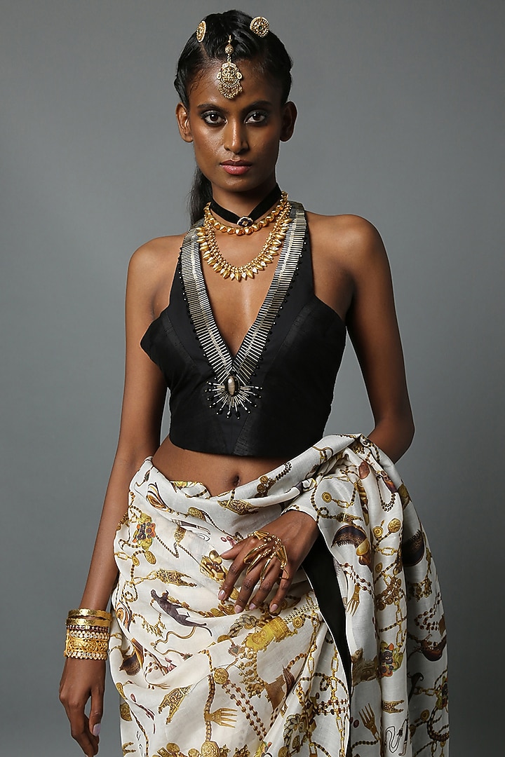 White Cotton Silk Printed Party Wear Saree by House of Three at Pernia's Pop Up Shop