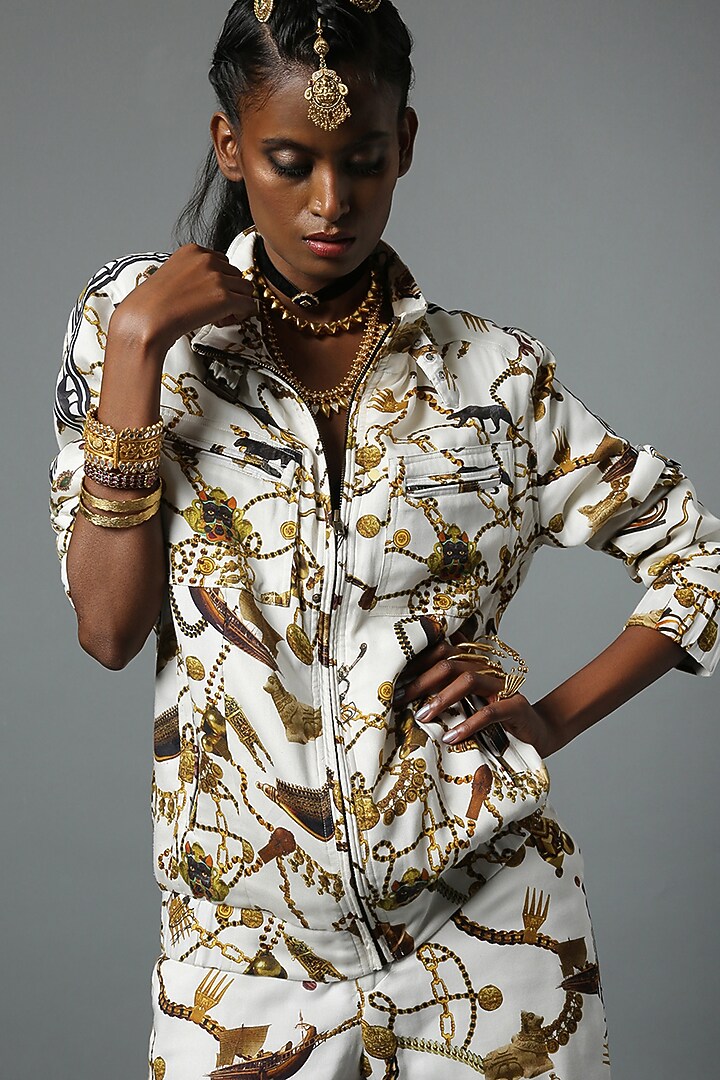 White Viscose Satin Bomber Jacket by House of Three at Pernia's Pop Up Shop