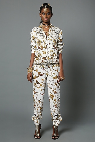 White Viscose Satin Jogger Pants by House of Three