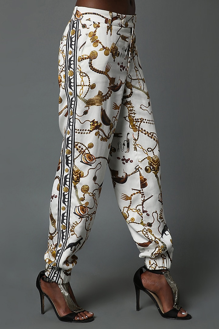 White Viscose Satin Jogger Pants Design by House of Three at