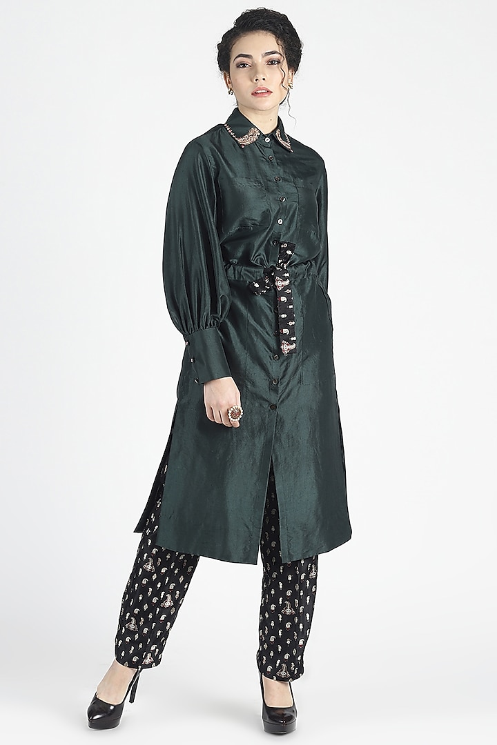 Deep Green Embroidered Shirt Tunic by House of Three